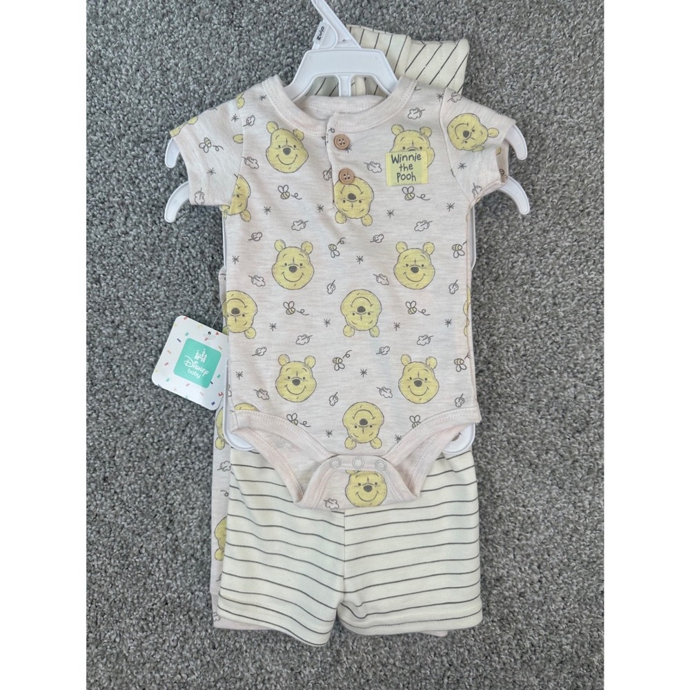 Disney Baby Winnie the Pooh 5 Piece Bodysuit Pants Shorts Hat Set 0-3M NWT - Picture 2 of 8